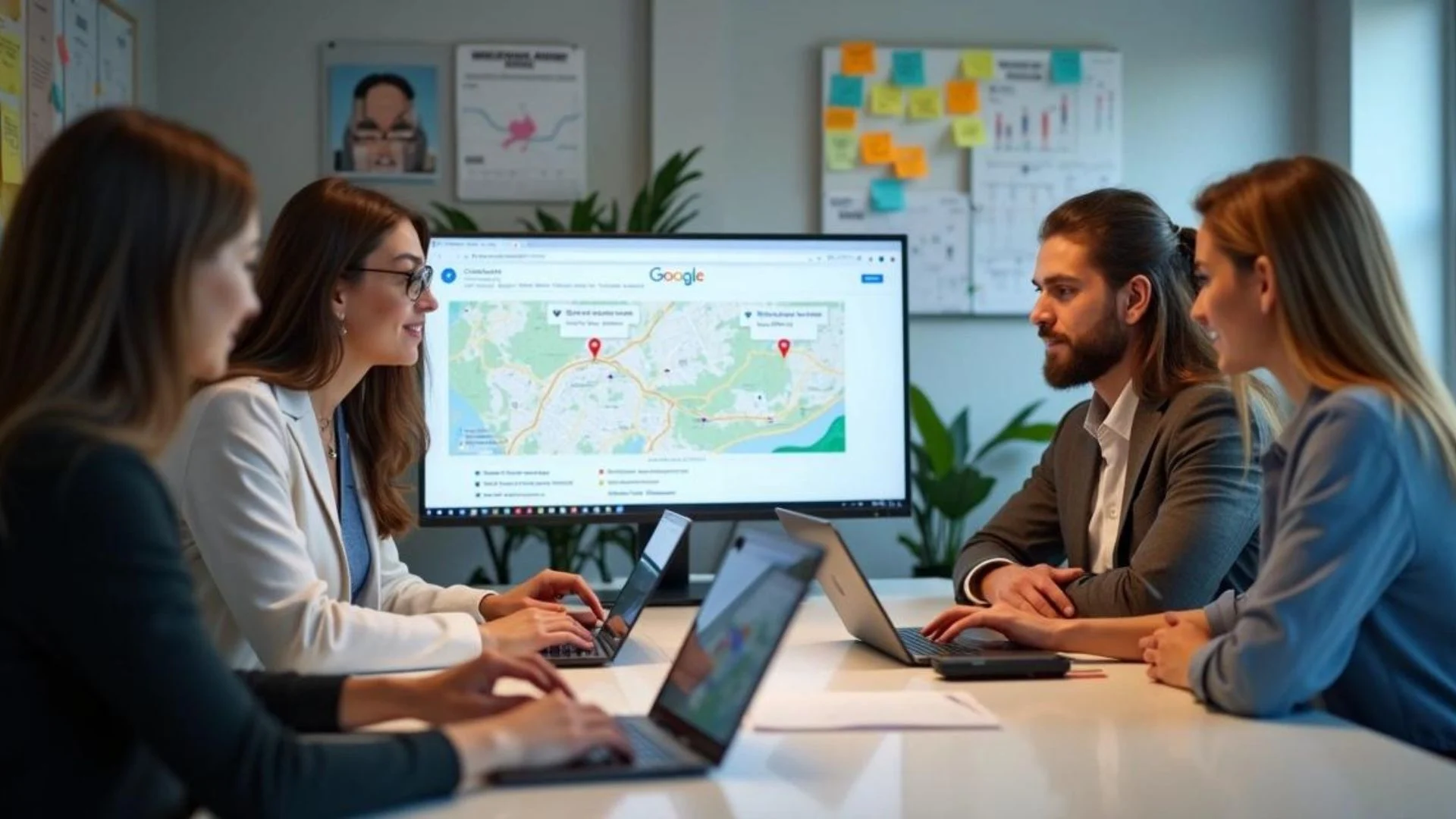 Marketing professional performing a local SEO audit by analyzing website performance, local keyword rankings, and search analytics on a computer.