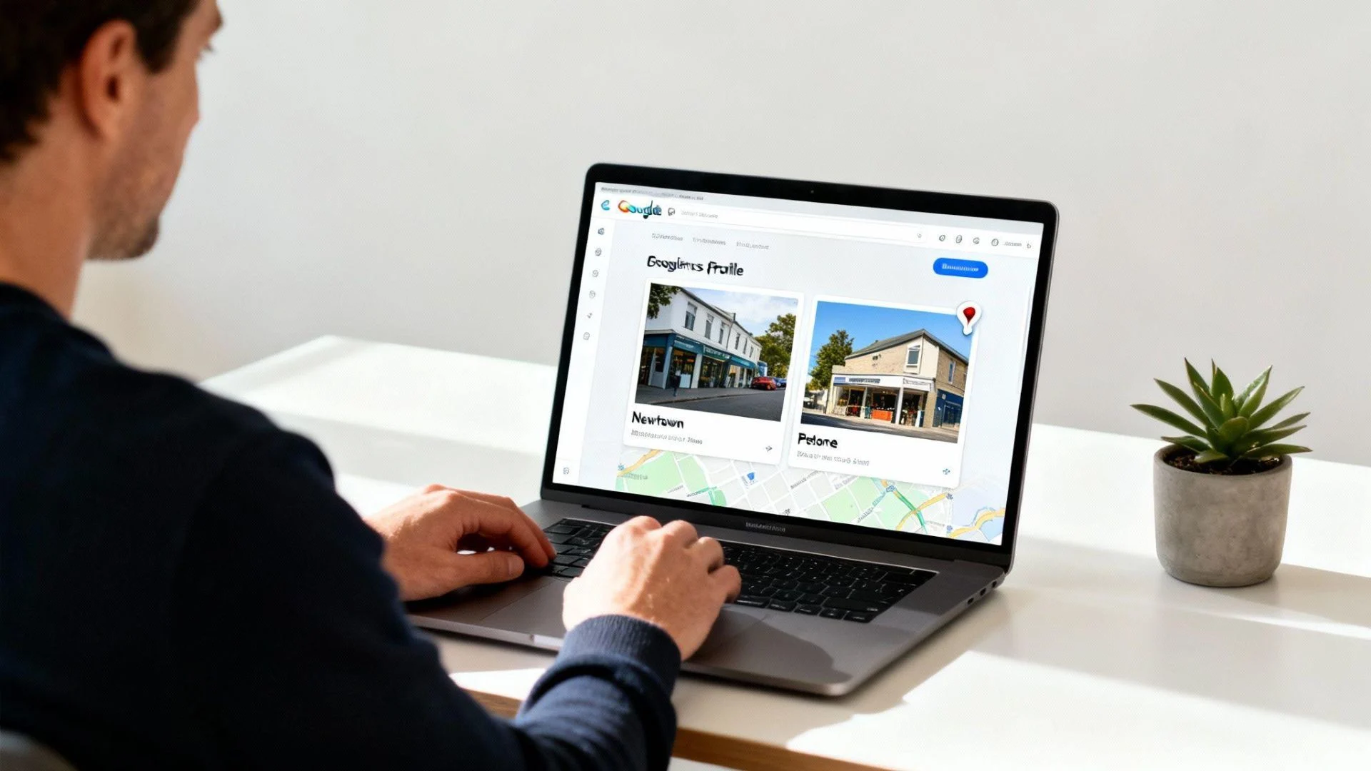 Small business owner reviewing local SEO checklist and Google Maps search results on a laptop to improve local search rankings and attract nearby customers.