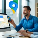 SEO consultant helping a local business owner optimize a Google Business Profile to improve local visibility and customer engagement.