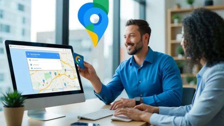 SEO consultant helping a local business owner optimize a Google Business Profile to improve local visibility and customer engagement.